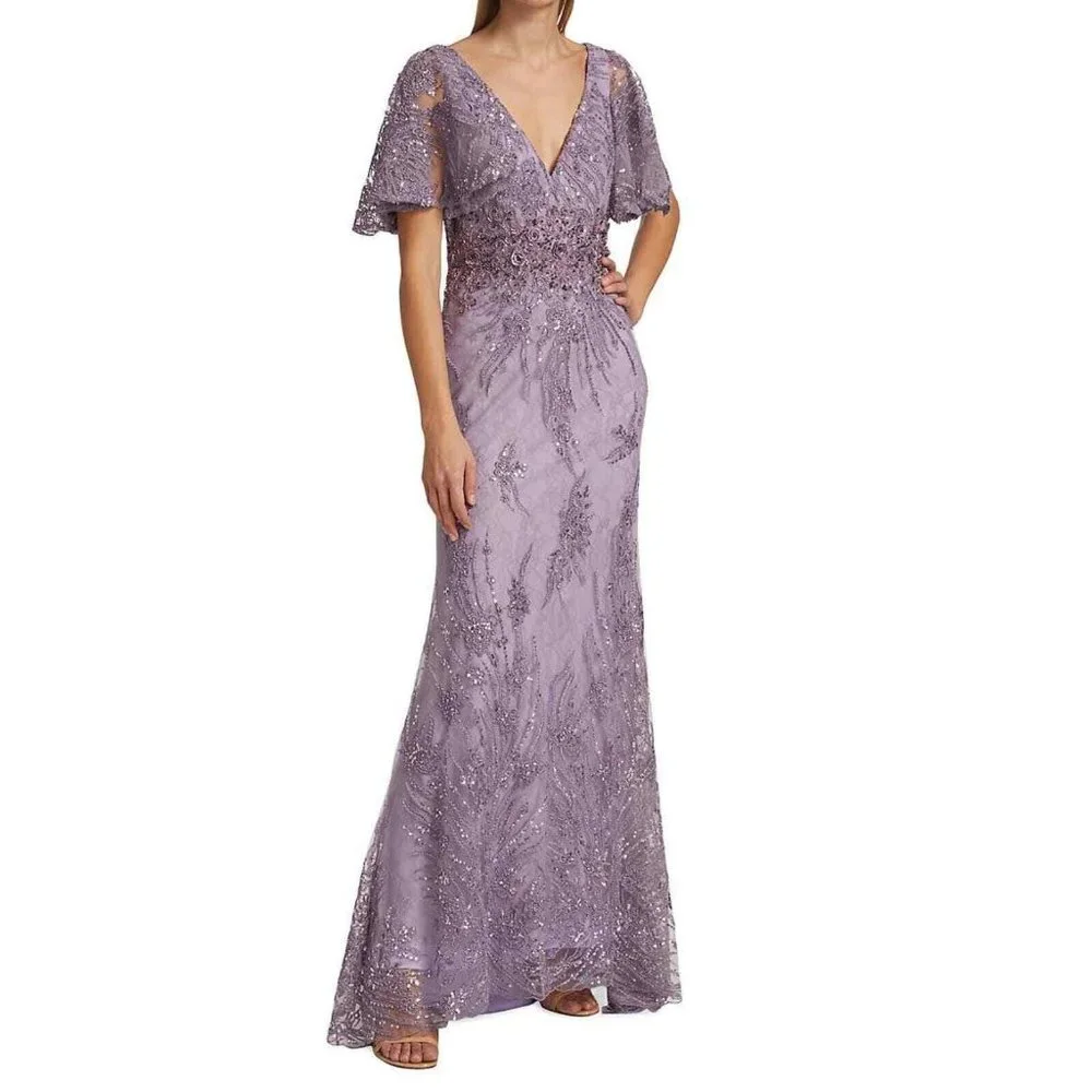 NWT MAC DUGGAL FLUTTER SLEEVE EMBELLISHED VINTAGE FORMAL‎ LONG GOWN LILAC PURPLE